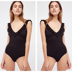 Free People Intimately - Black Ruffle Low Back Bodysuit - Size Small - EUC!